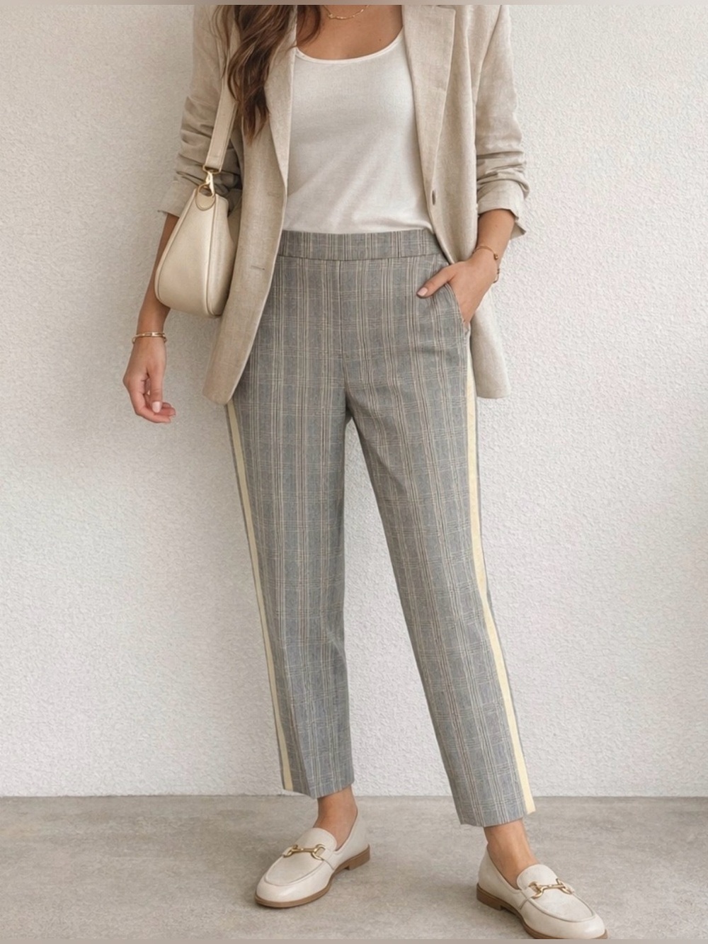 ME+EM Tailored Plaid trousers with Yellow Side Stripe